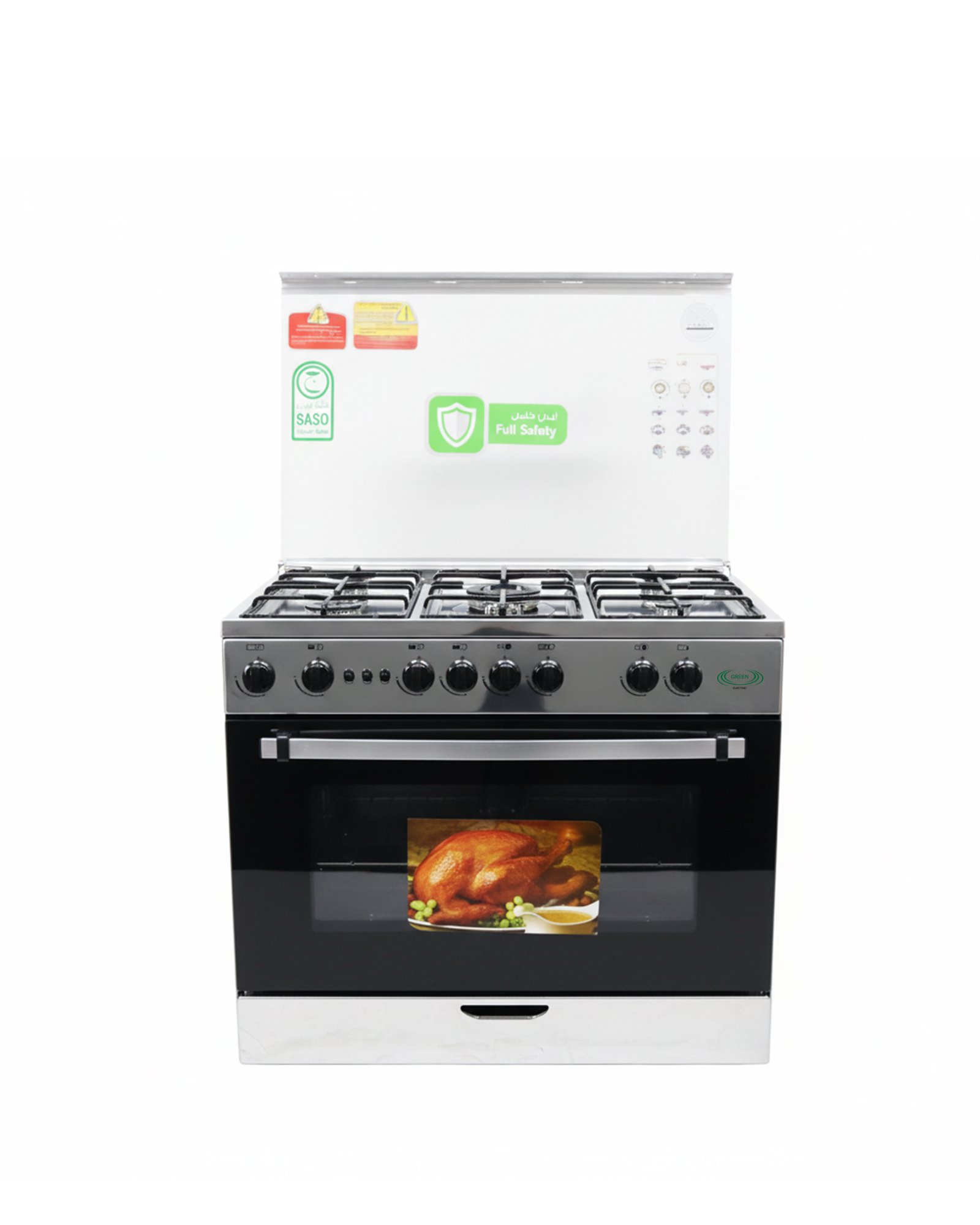 فرن **جرين إلكتريك**، قائم بذاته، 5 شعلات، مصنوع من الستانلس ستيل، جامبو، 80 سم × 60 سم، أمان كامل.