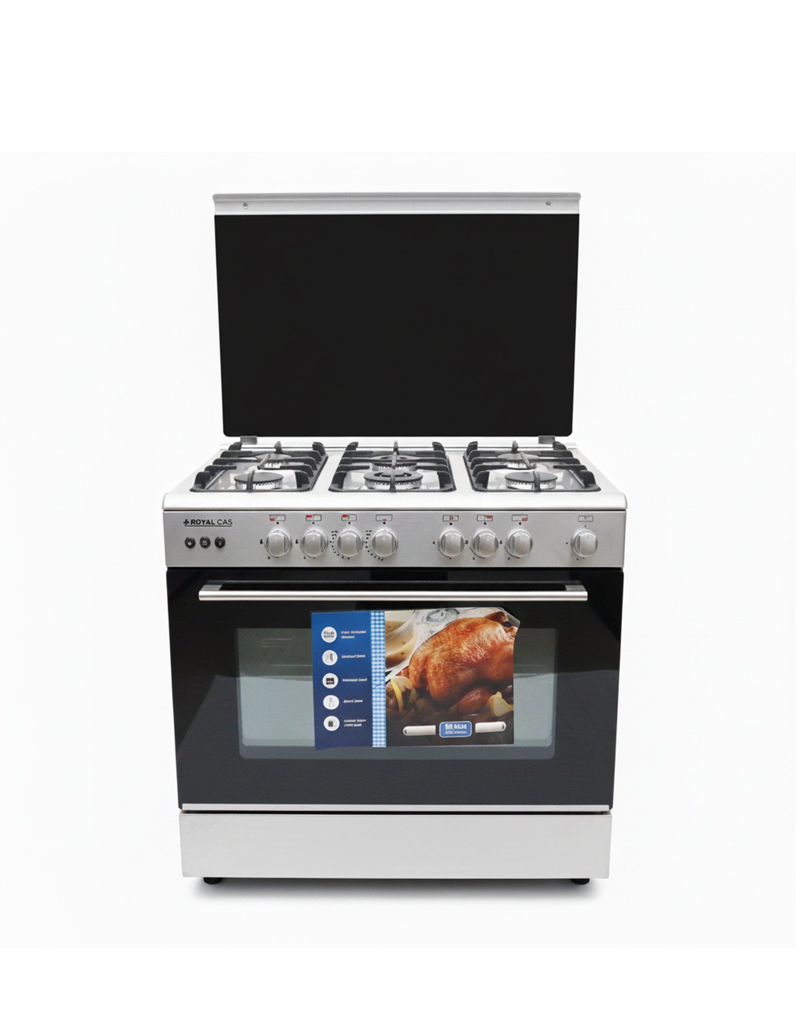 فرن غاز قائم من ماركة رويال جس ، بخمسة شعلات، مصنوع من الستانلس ستيل (CAST)، مقاس 90×60 سم، مع نظام أمان كامل، صنع في مصر.