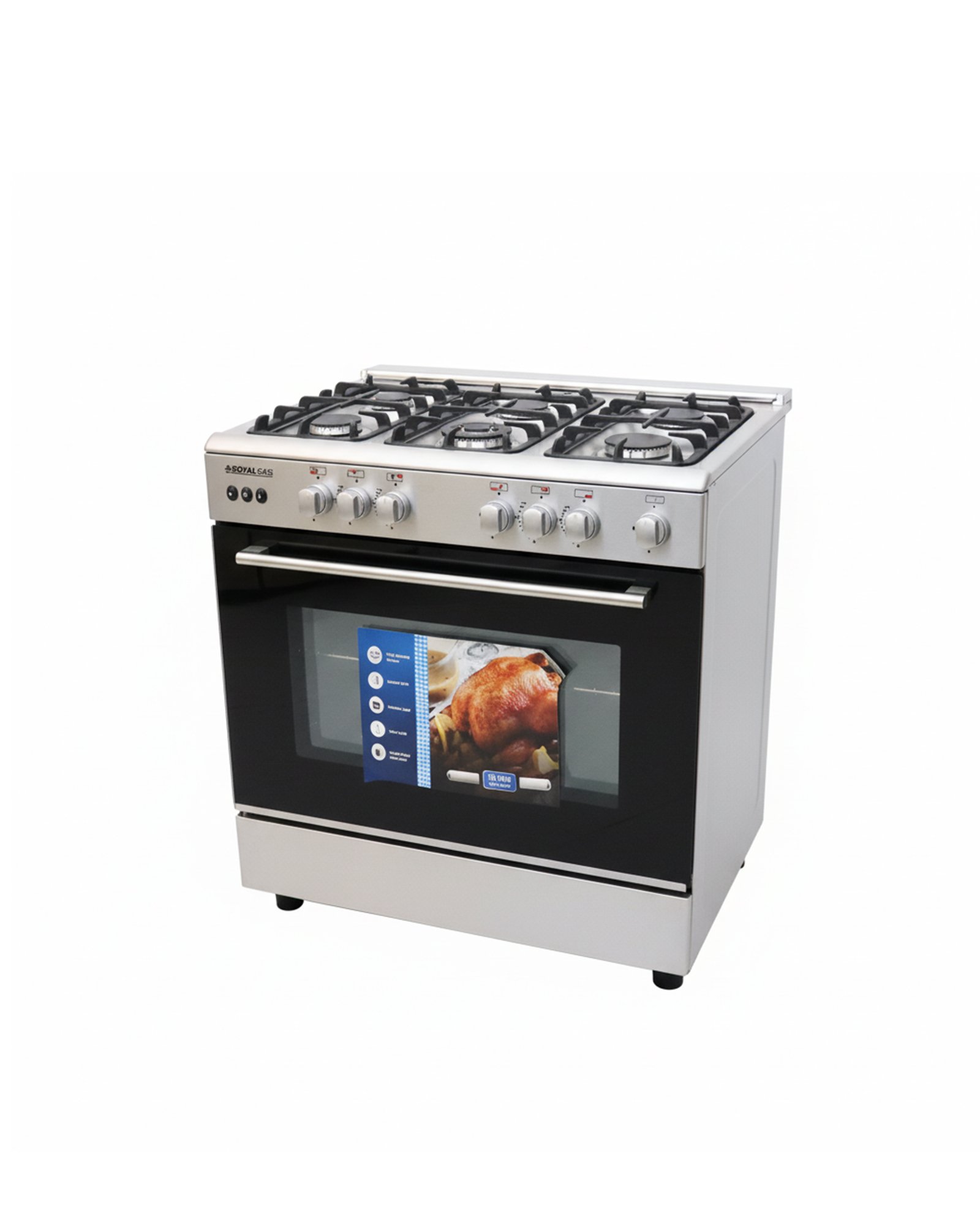 فرن غاز قائم من ماركة رويال جس ، بخمسة شعلات، مصنوع من الستانلس ستيل (CAST)، مقاس 90×60 سم، مع نظام أمان كامل، صنع في مصر. - الصورة 3